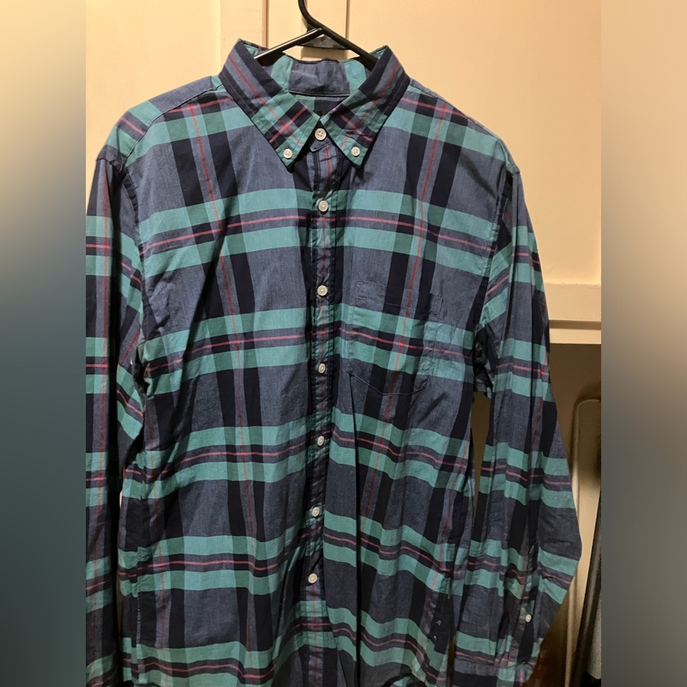 J Crew Lightweight Plaid Shirt Men L Blue Plaid Button Long Sleeve